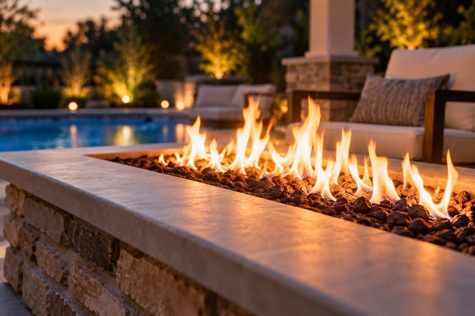 Backyard fire pit and pool in the evening