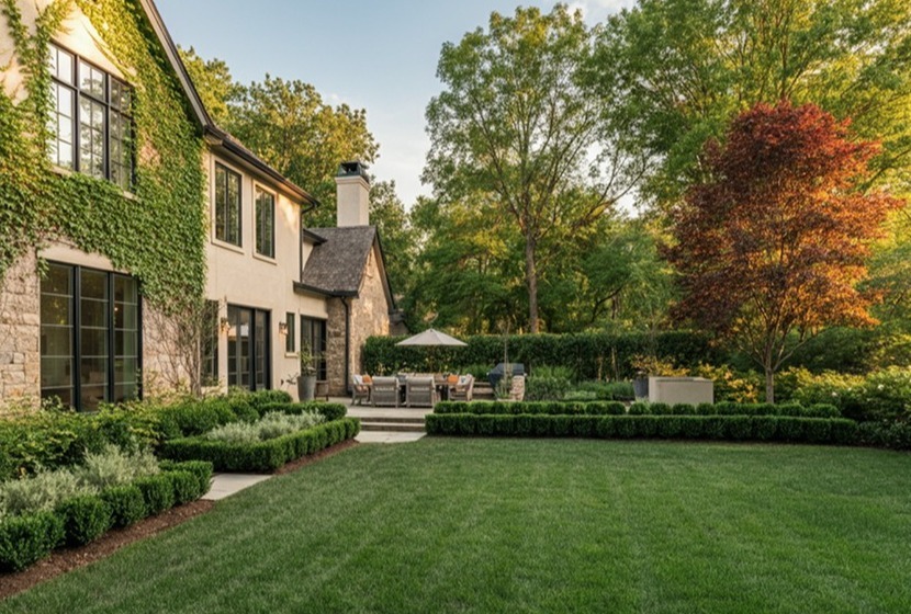 Cincinnati, OH luxury backyard with manicured lawn, stone patio seating, ivy-clad home, and mature trees