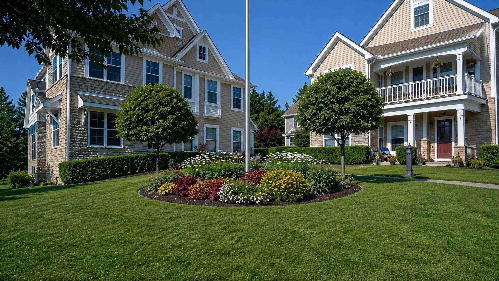 Landscaped grounds at a senior living campus maintained by Exscape Group of Columbus