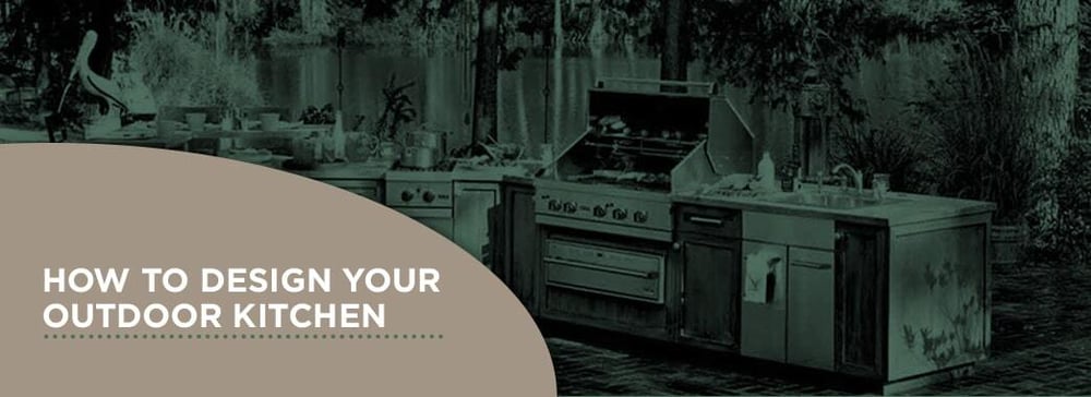 A green toned grill and outdoor kitchen set in the background with a tan section with text overtop reading 