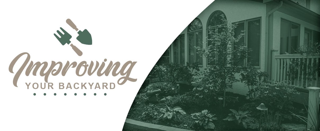 A green toned shot of a flowerbed by a house with little illustrations of a small garden spade and rake set to the left with a flourishing script underneath that reads "Improving your backyard"