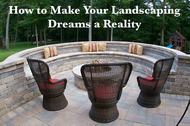 A stone firepit with a semicircle of a stone brick wall going around it with inset seats. Three wicker chairs are placed to complete the circle so there are seats fully around the firepit. Text above the image reads 