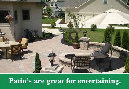 Arial view looking down on a patio during the middle of the day with a green bar below and text reading "Patio's are great for entertaining."