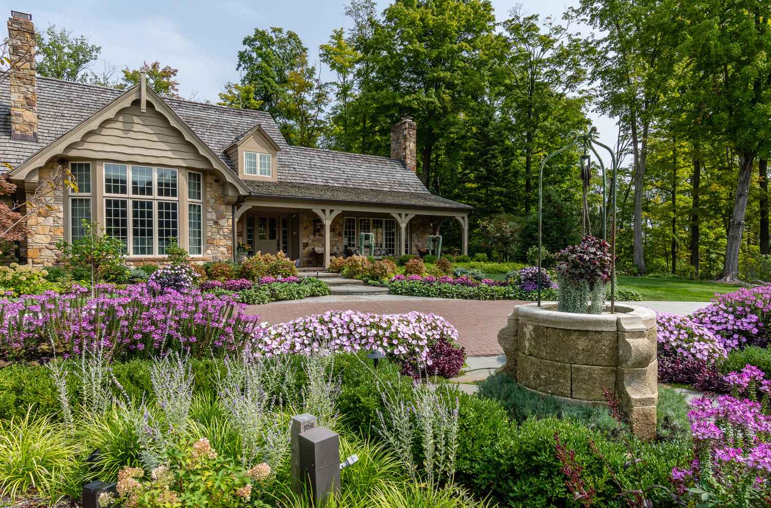 Ornamental landscape installation with layered plantings at a Northeast Ohio home