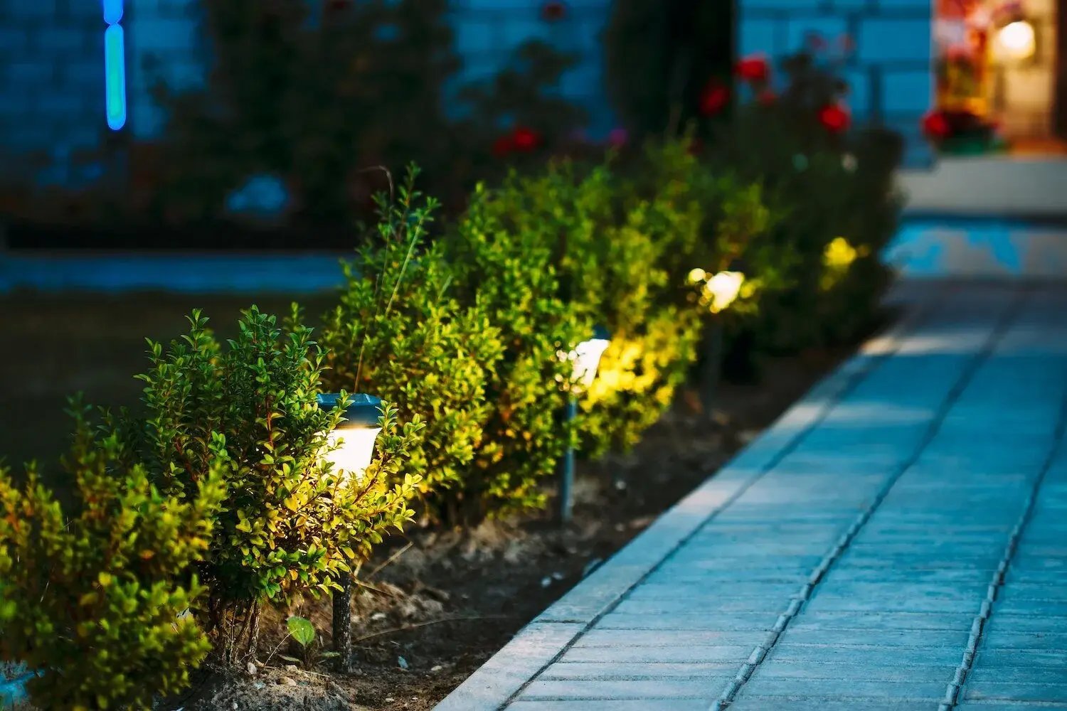 Pathway lighting installation along a stone walk