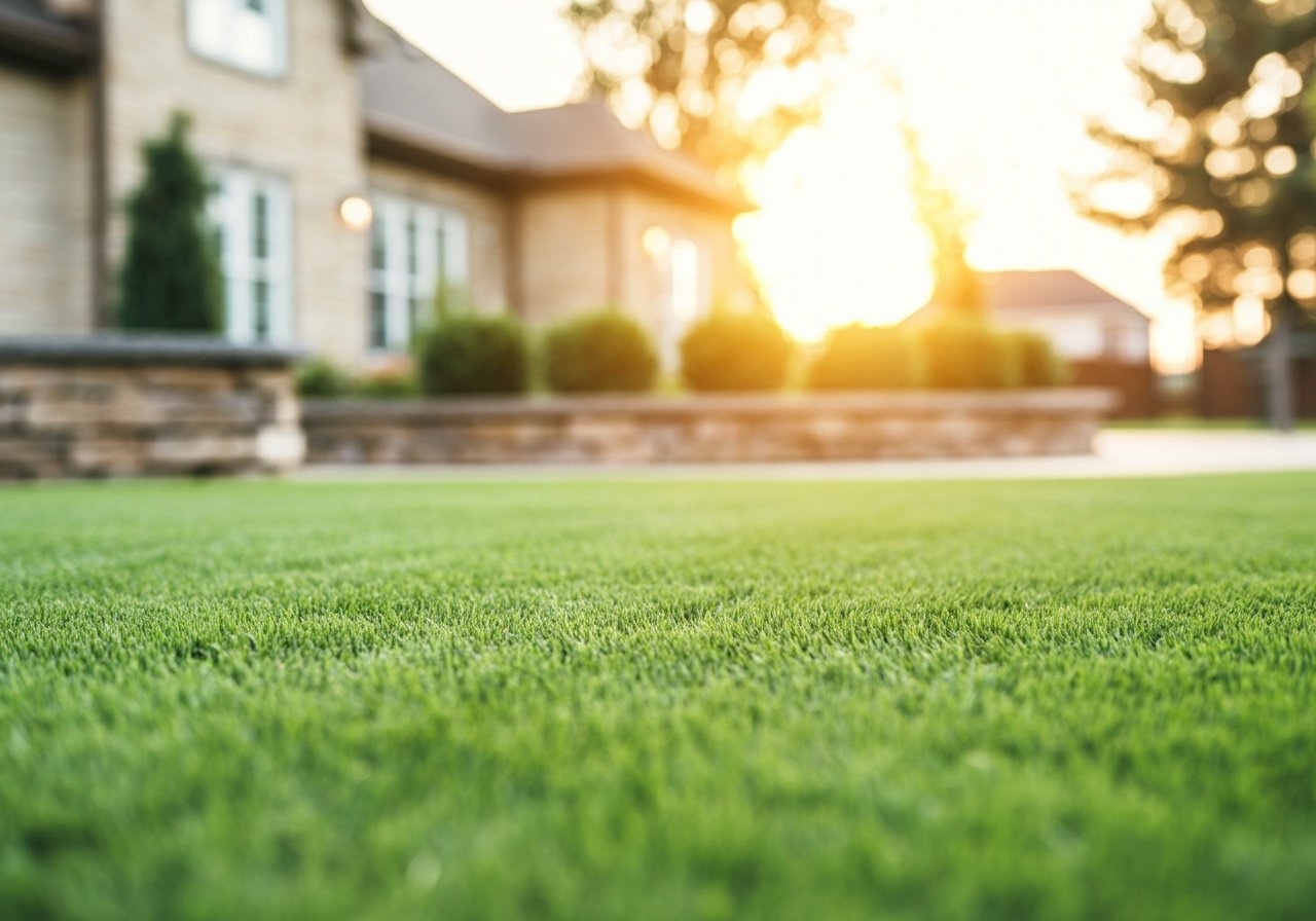 Freshly manicured lawn in front of stone home at sunset in Orange OH