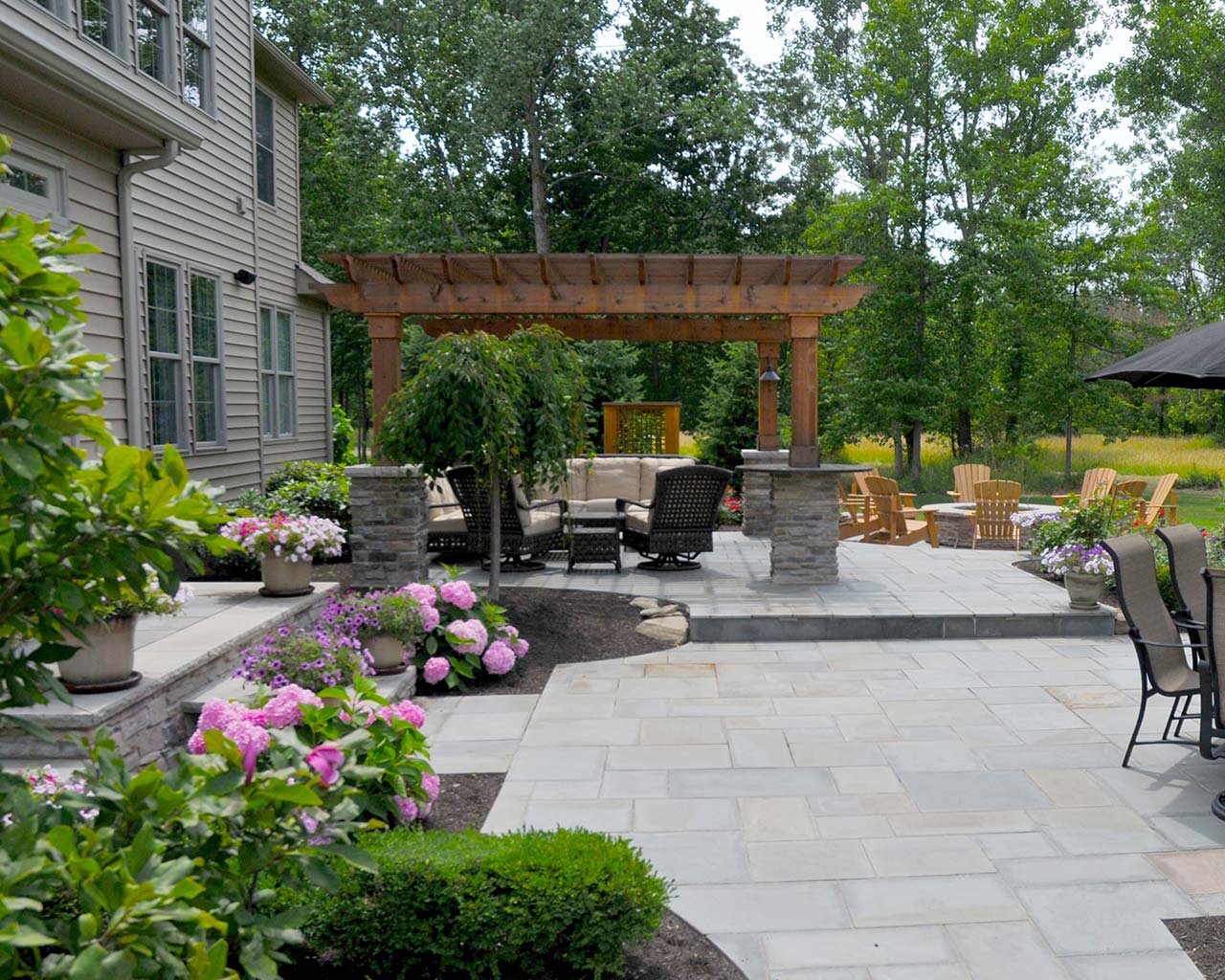 Backyard pergola with outdoor furniture