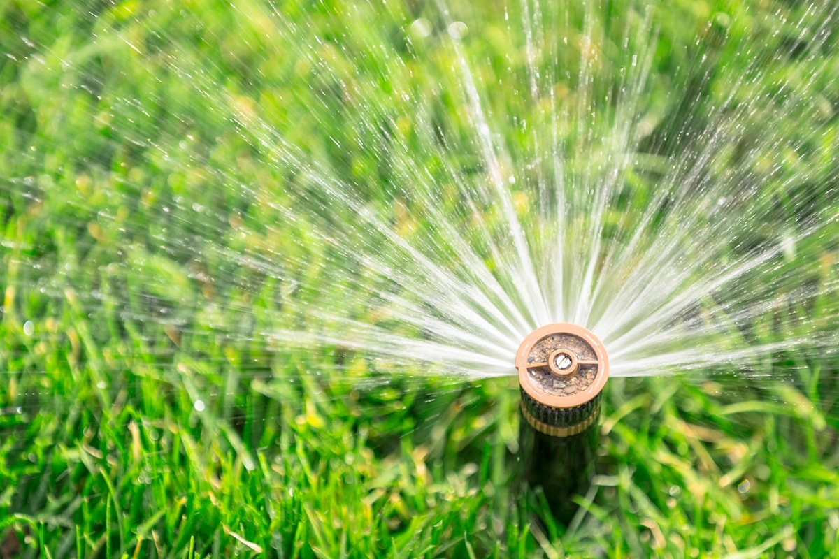 Landscape sprinkler watering a maintained lawn