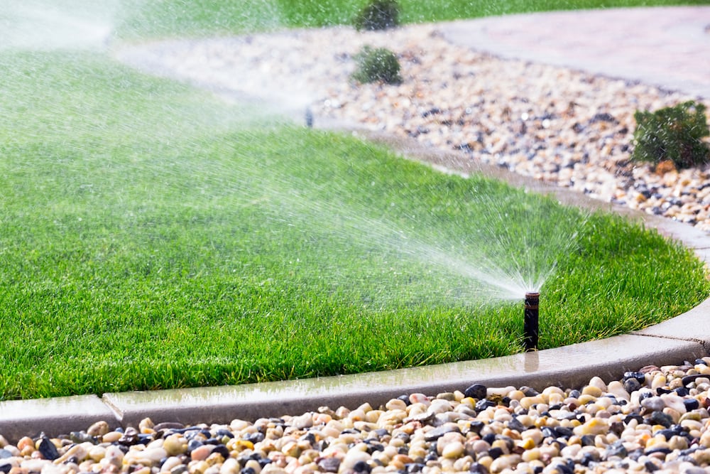 Lawn sprinkler watering along a landscape bed edge