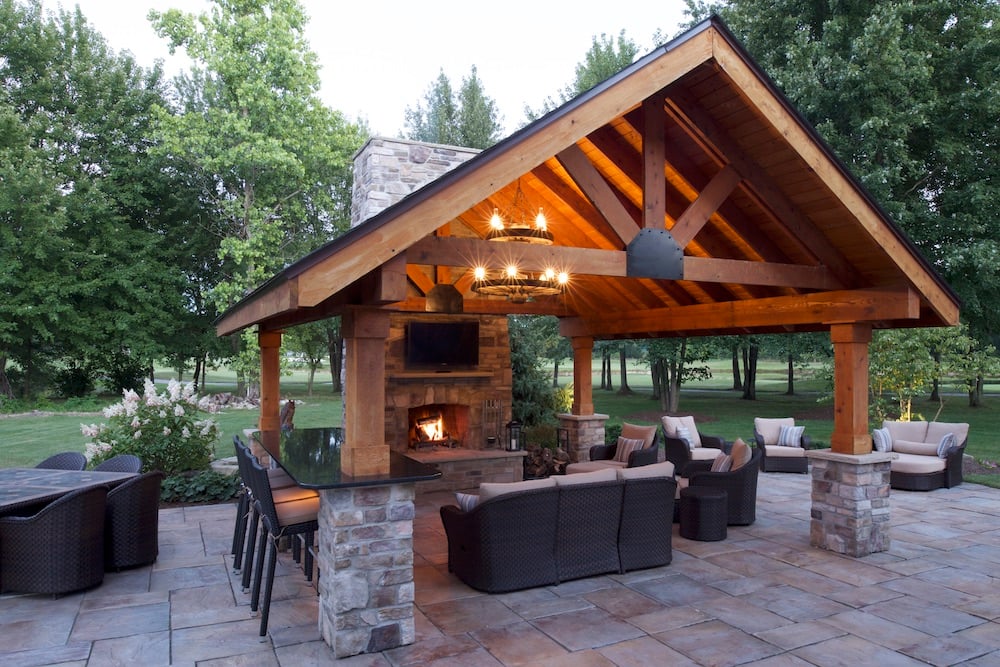 Outdoor living room under a timber pavilion