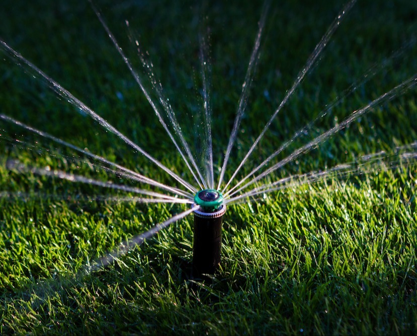 Lawn sprinkler head spraying water over green grass Lawn sprinkler head spraying water over green grass