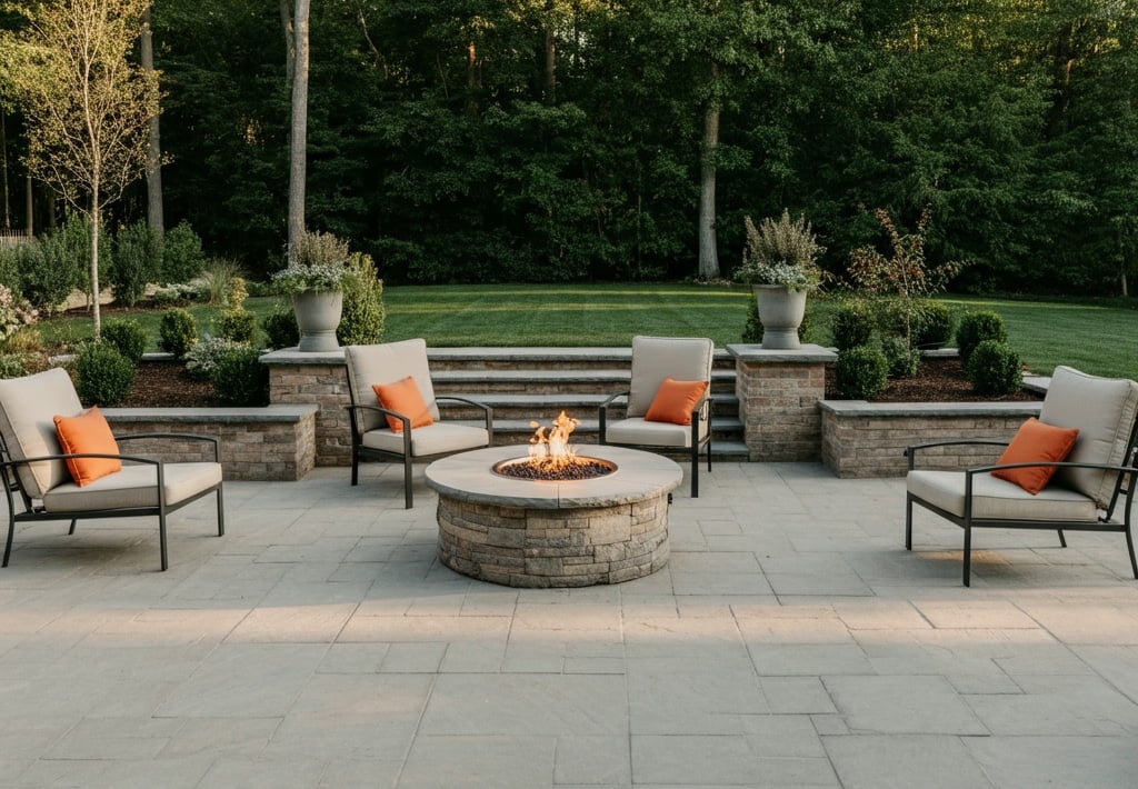 Luxury stone patio with round fire pit, cushioned chairs, and lush landscaped backyard in Ohio outdoor living space