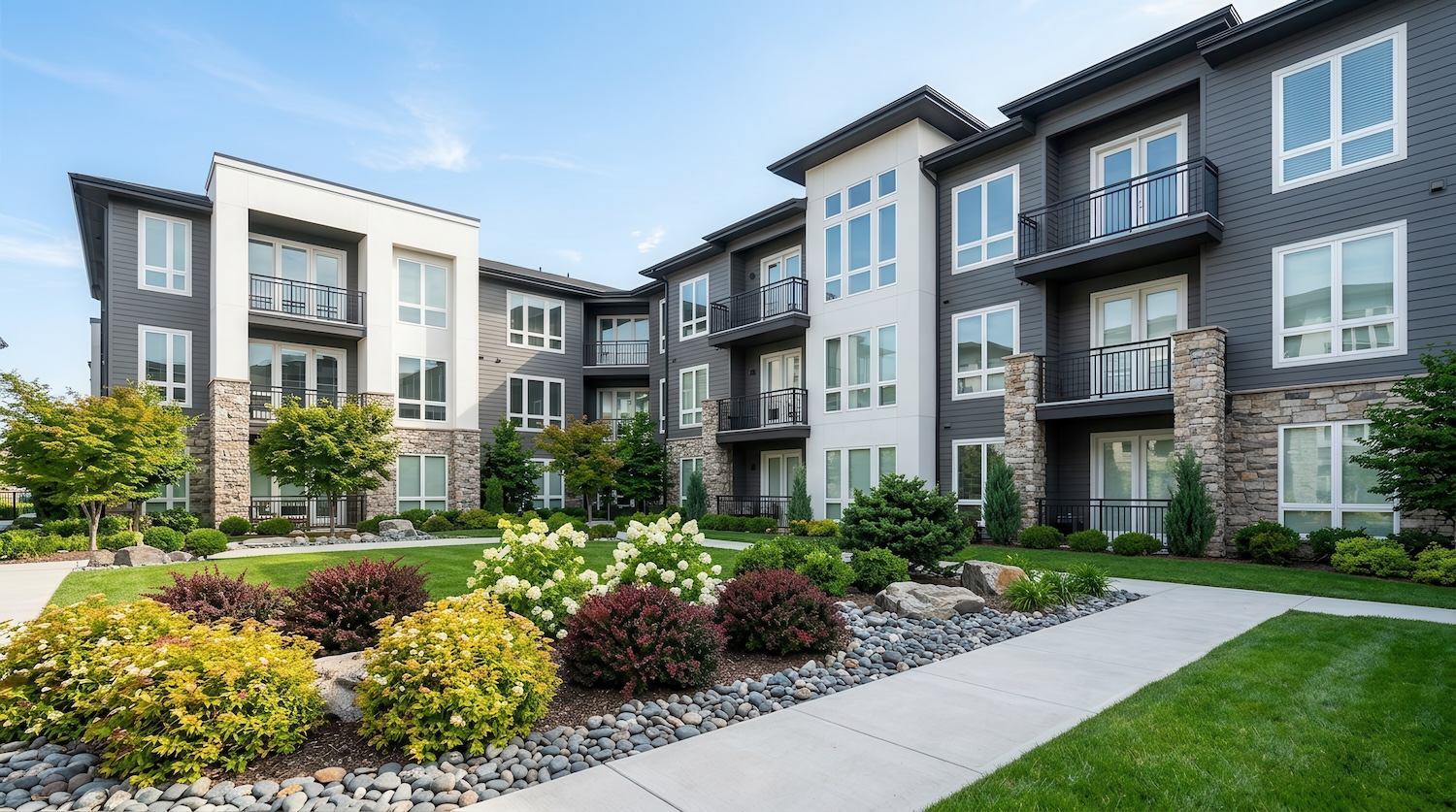 New apartment complex with freshly installed landscaping and walkways