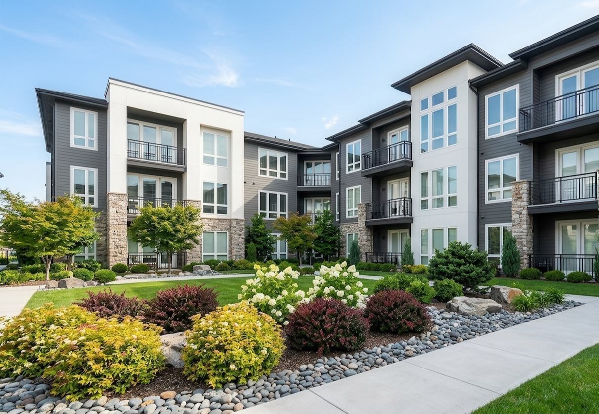 Modern apartment complex with professionally maintained landscaping, featuring green lawns, ornamental shrubs, flowering plants, decorative stone beds, and concrete walkways
