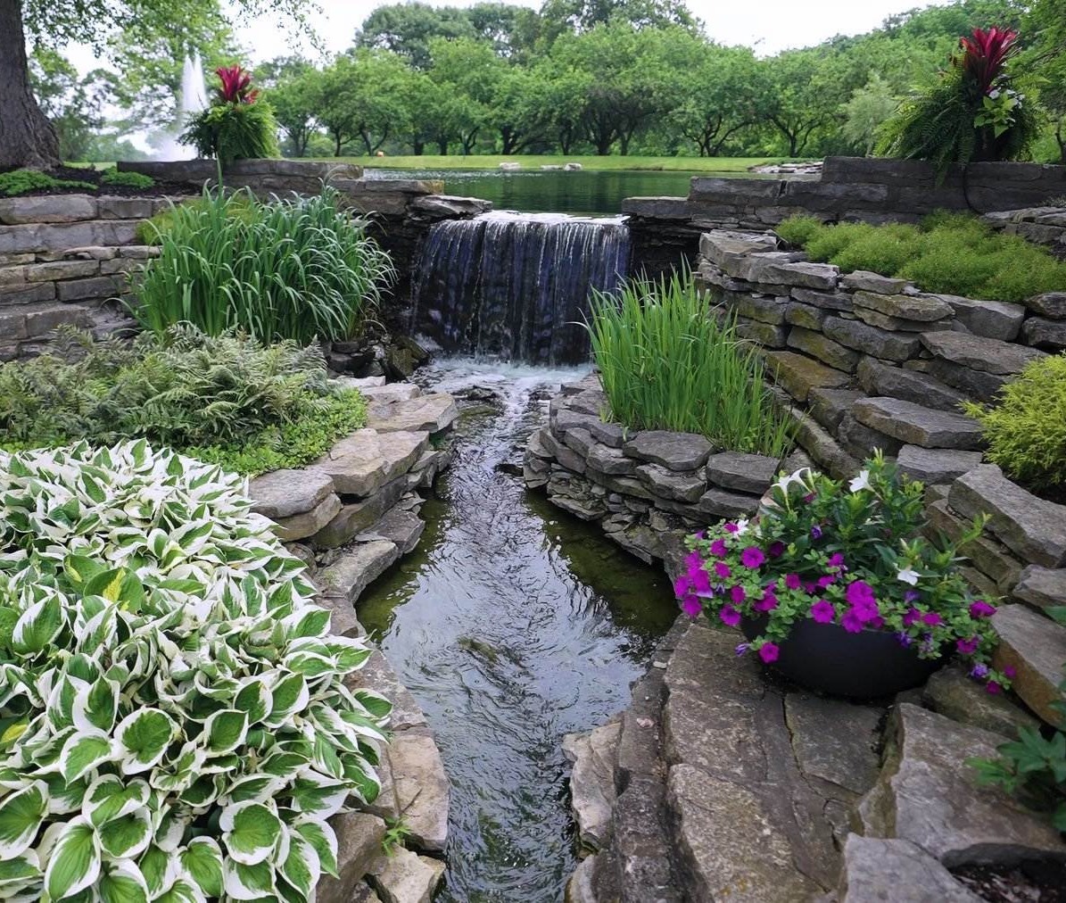 Natural stone waterfall stream with hostas and flower planters by Exscape Group