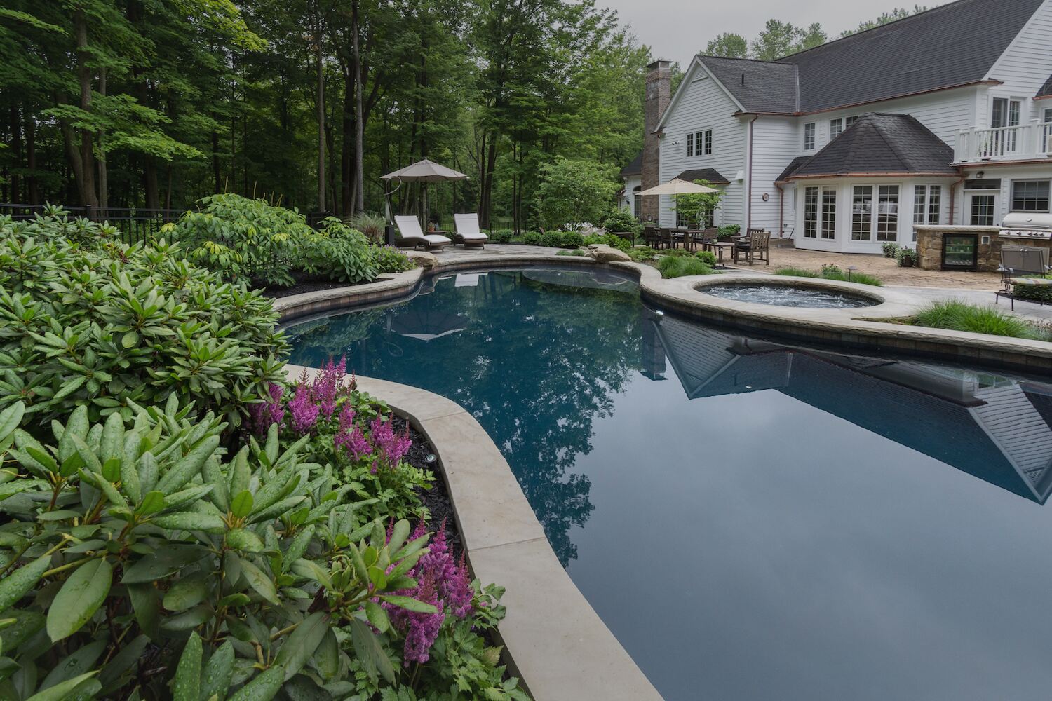 Freeform pool framed by landscape plantings in Chagrin Falls, OH