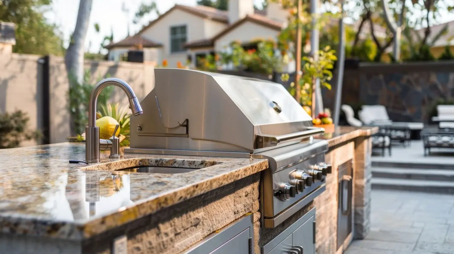 Durable stone outdoor kitchen with stainless appliances