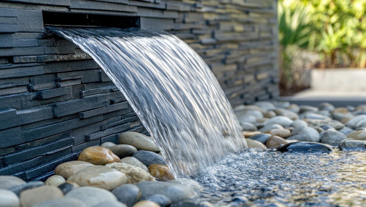 Water spilling from a stone spillway into a pebble basin