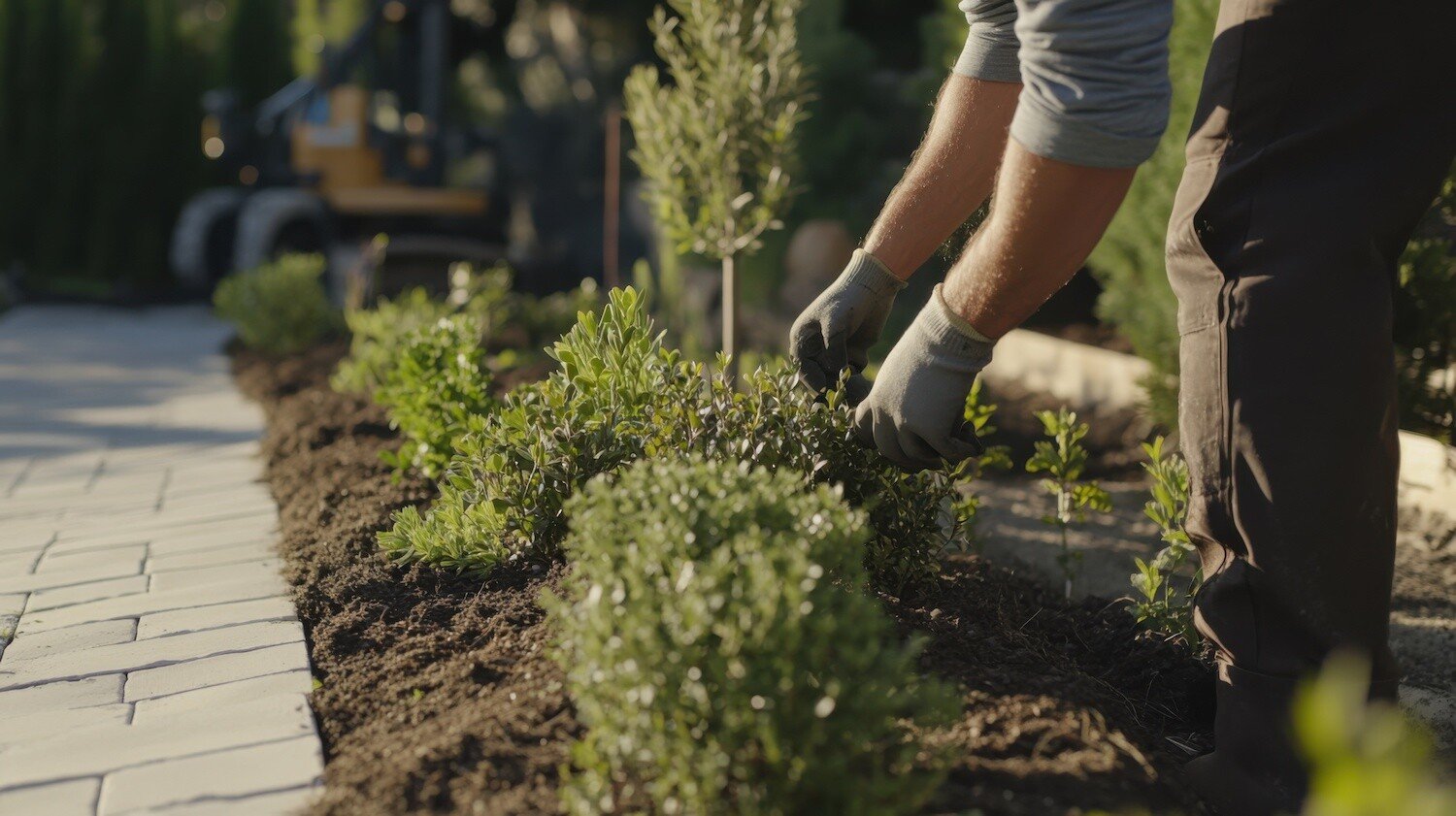 Professional landscaping installation with shrubs and garden bed along walkway in Columbus, Ohio by Exscape Group