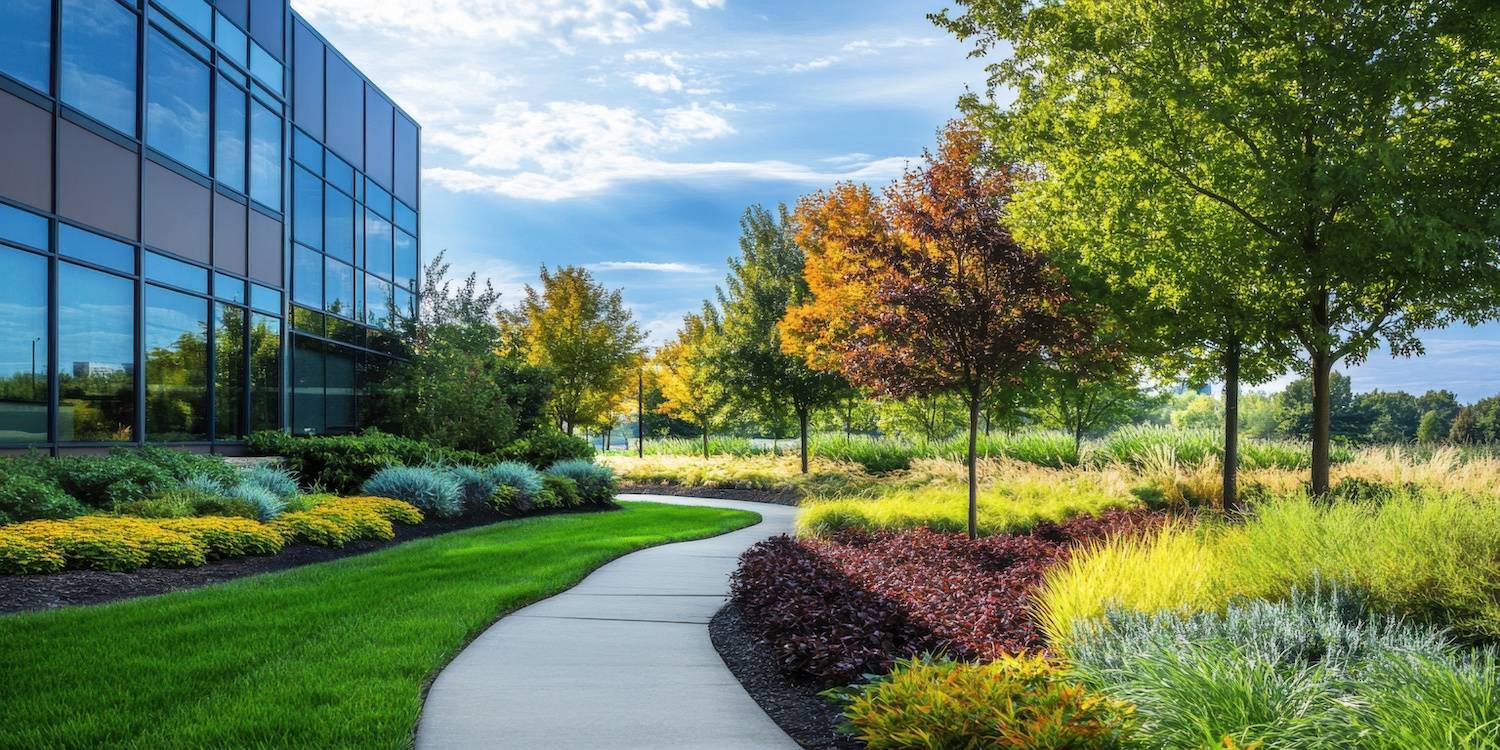Landscaped commercial grounds with a curving walkway and seasonal plantings